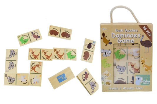 Koala Dream Wooden dominoes Bush Buddies game with animal illustrations and packaging on a white background