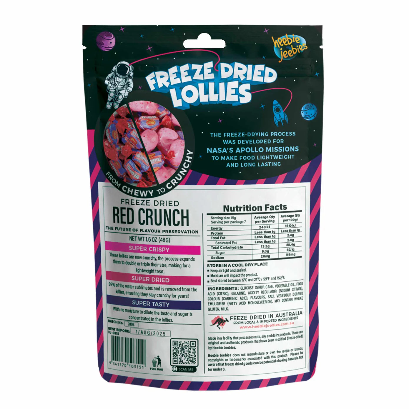 Heebie Jeebies Freeze Dried Lollies Red Crunch 45g