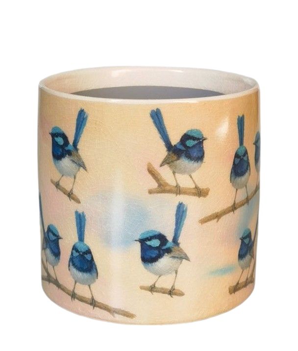 Blue Wren Planter Blue and Yellow 14cm