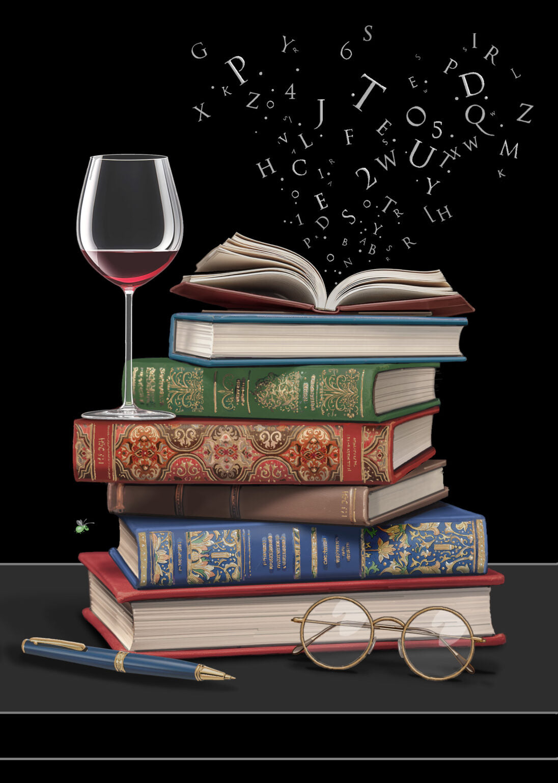 Bug Art Greeting Card Wine and Books