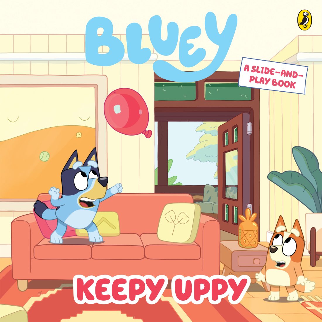 Cover of Bluey: Keepy Uppy board book showing Bluey and Bingo playing with a red balloon – interactive balloon game book for children aged 3-5.