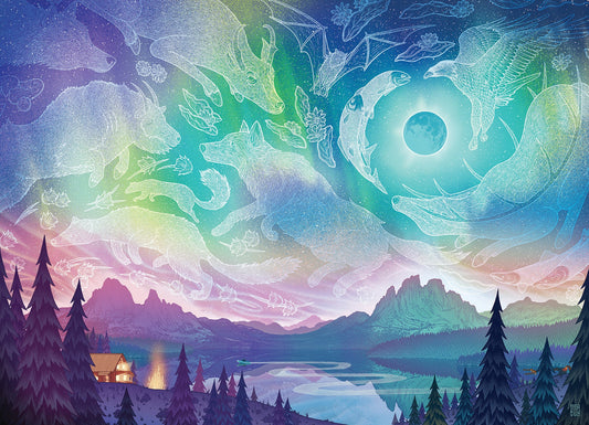 Cobble Hill 1000pc Jigsaw Puzzle Aurora Fantasy landscape with mountains, trees, and a glowing orb in a starry sky.