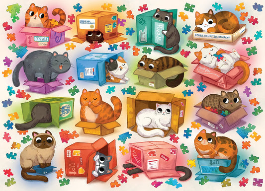 Cobble Hill 1000pc Jigsaw Puzzle Cats vs Puzzles poster with cartoon cats in various boxes on a white background
