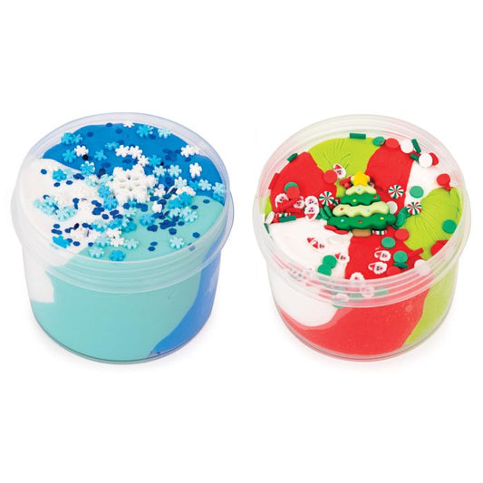 Two containers of slime, one blue with snowflake decorations and the other red with Christmas-themed decorations, on a white background.