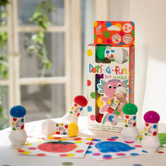 Haku Yoka Dots 4 Fun Dot Marker 5pk set with packaging on a table