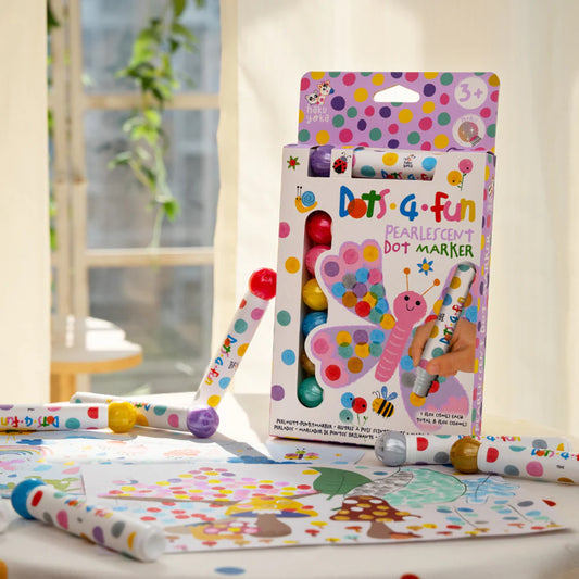 Haku Yoka Dots 4 Fun Pearlescent Dot Marker 8pk packaging with markers on a table