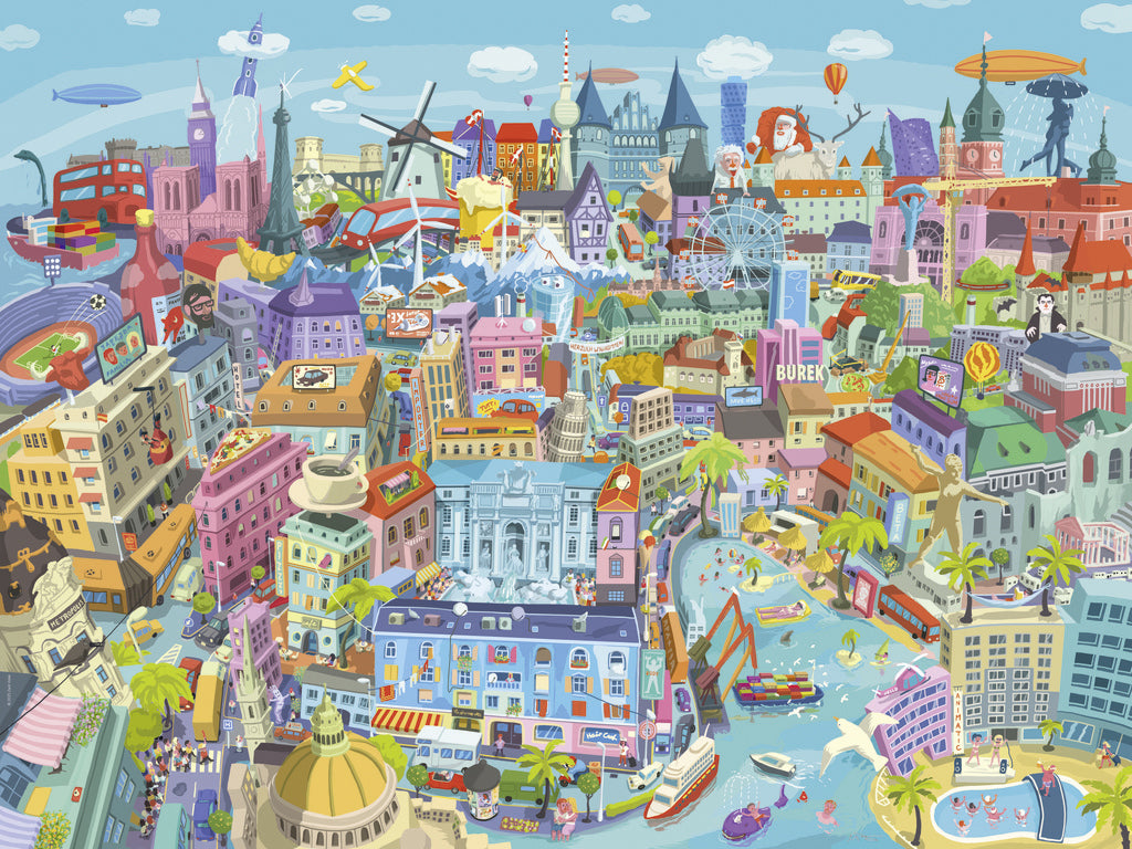 Heye Jigsaw Puzzle Colorful illustration of a bustling city with various buildings and activities