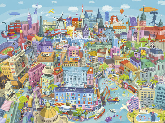 Heye Jigsaw Puzzle Colorful illustration of a bustling city with various buildings and activities