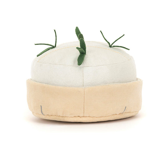 back view of Jellycat Amuseables Camembert White plush toy shaped like a cheese with green leaves on a white background