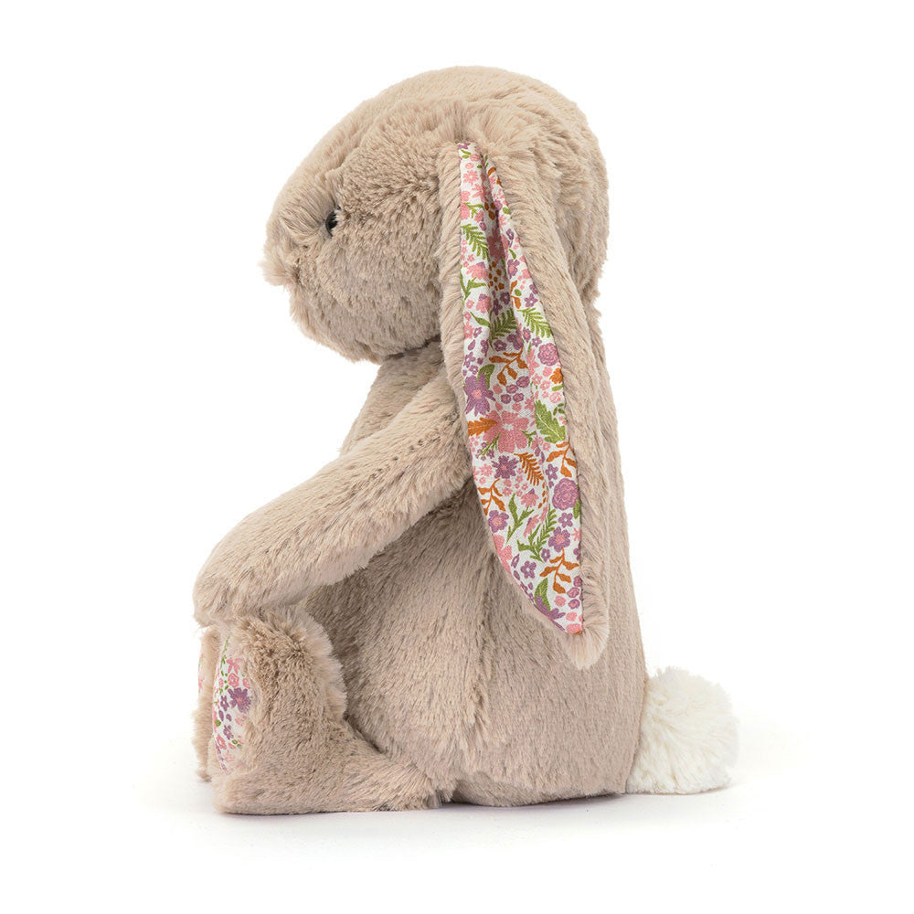 Side view of Plush Jellycat Blossom Beige Bunny 'Petal' Original with floral ears and white tail