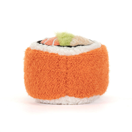 Jellycat Plush Amuseables Codhi Californian Roll Plush toy shaped like a roll of sushi on a white background