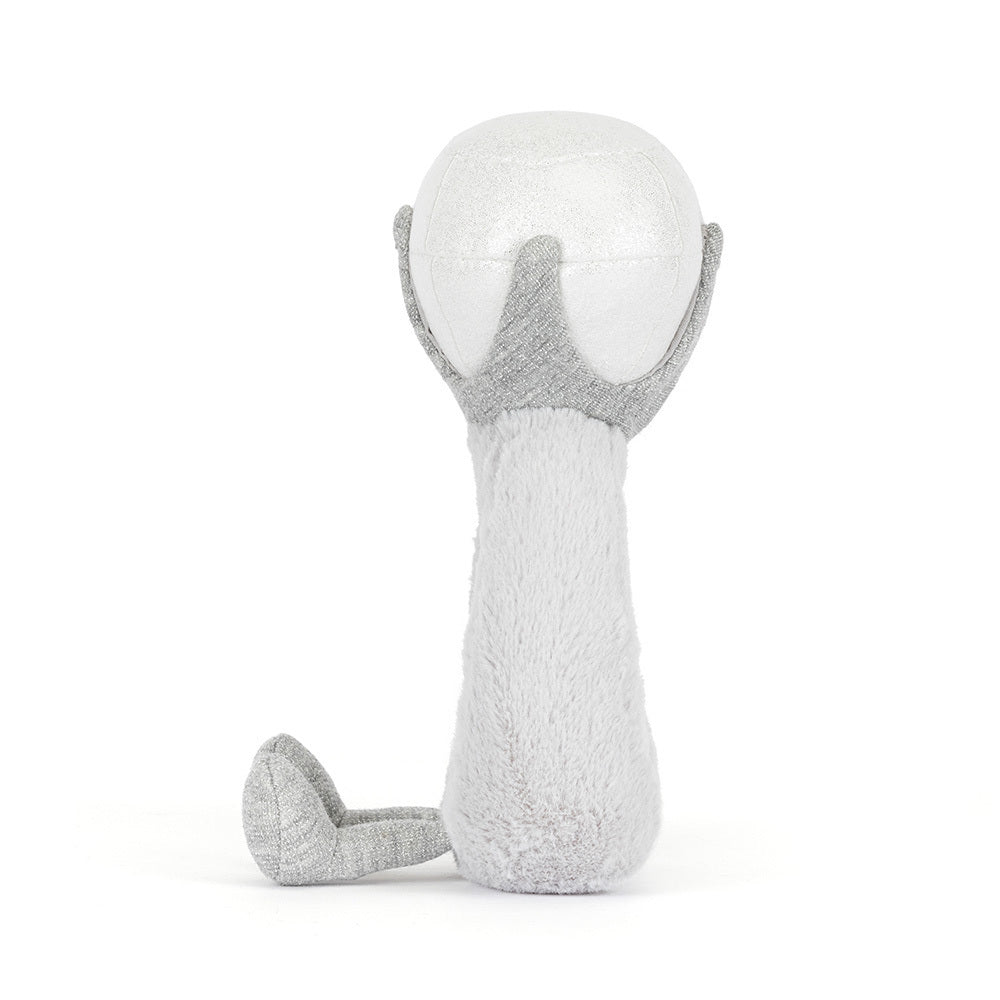 Side view of gray and white Jellycat Plush Amuseables Diamond Ring plush toy, with white diamond on top, and little grey feet, on a white background