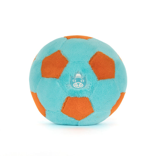 Jellycat Plush Amuseables Football Plush toy resembling a soccer ball with orange panels on a white background
