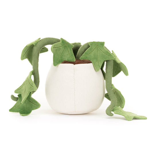 Back view of Jellycat Plush Amuseables Ivy Plush toy shaped like a white pot with green ivy leaves on a white background