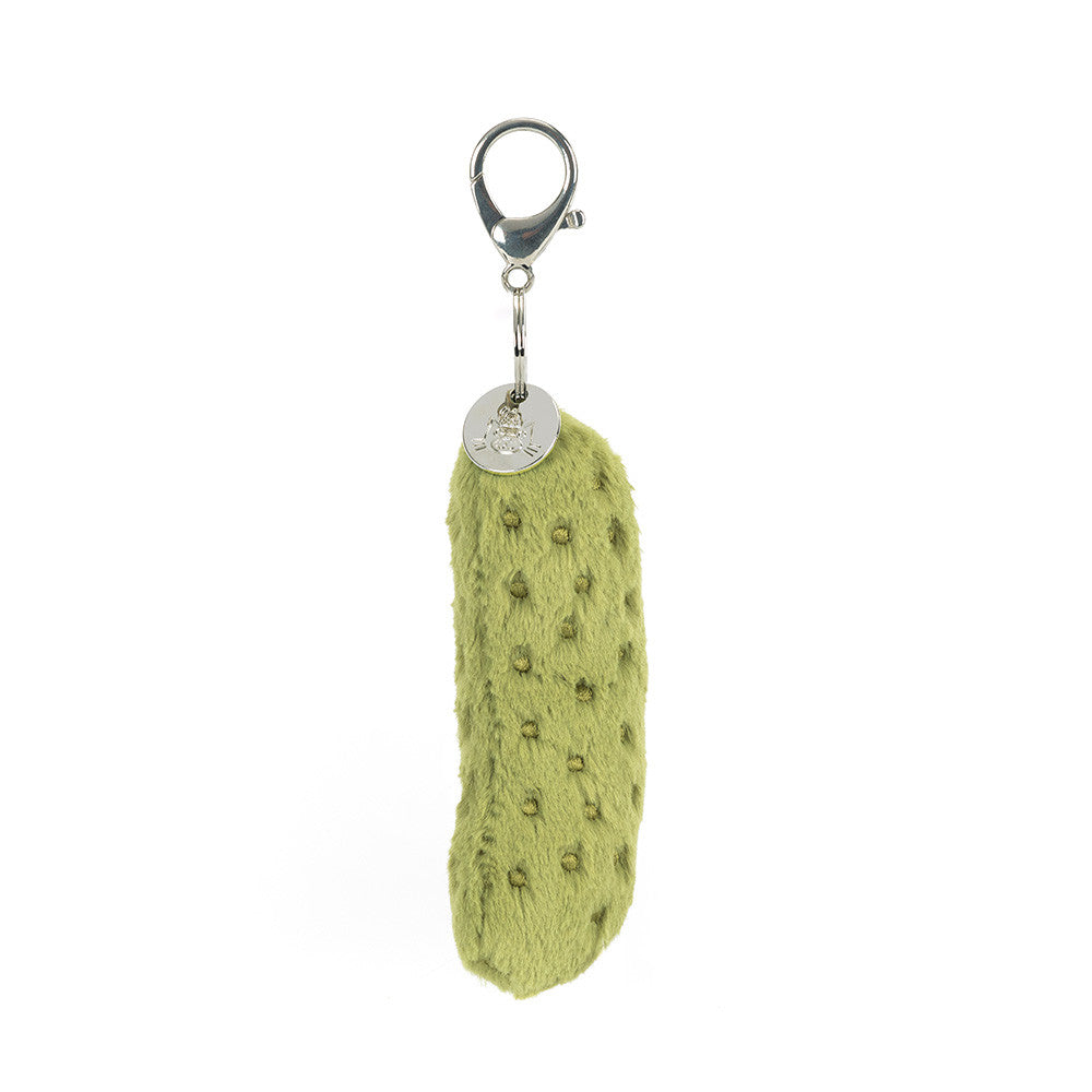 Side view of Jellycat Plush Amuseables Pickle Bag Charm Green textured keychain with a metal clasp on a white background