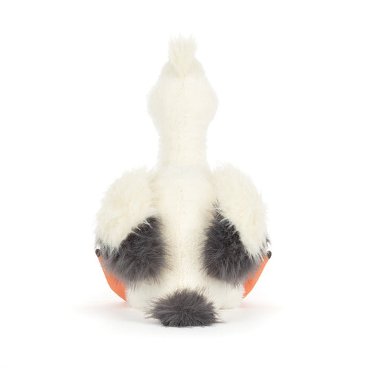Back view of Jellycat Plush Keli Pelican, white plush pelican and orange feet against a white background