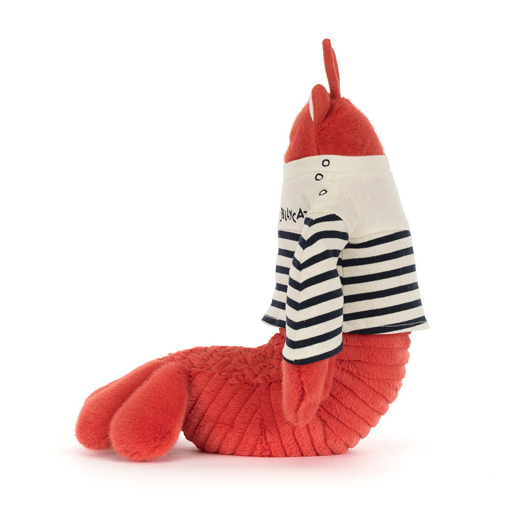Side view of Jellycat Plush Larry Lobster in a Sailor Outfit Plush toy lobster wearing a striped shirt on a white background