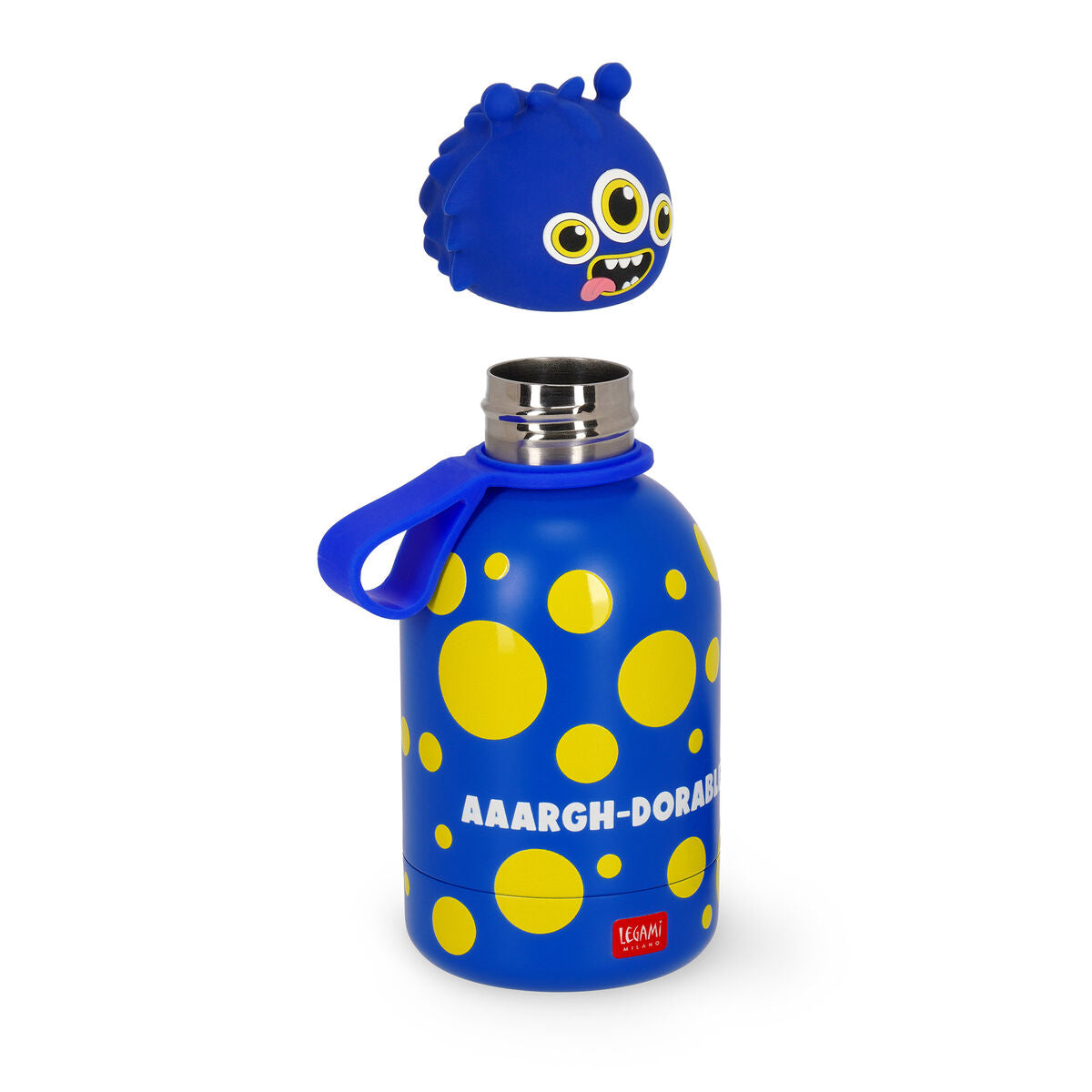 Blue Legami water bottle with yellow polka dots and a cartoon monster design on a white background