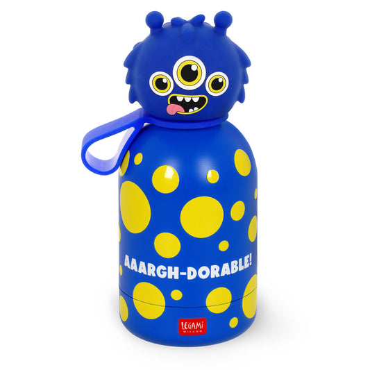 Blue Legami water bottle with yellow polka dots and a cartoon monster design on a white background