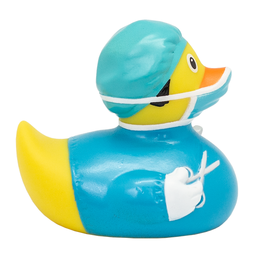 Side view of Lilalu Surgeon Rubber Duck with blue scrubs