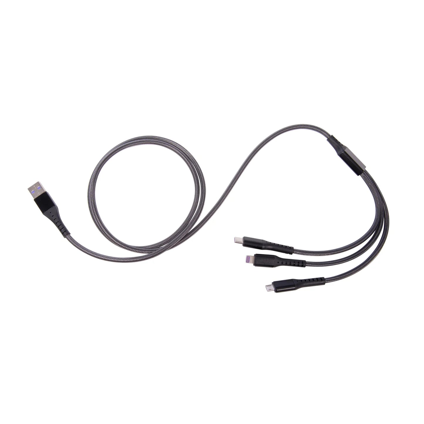Multi-device charging cable with multiple connectors on a white background