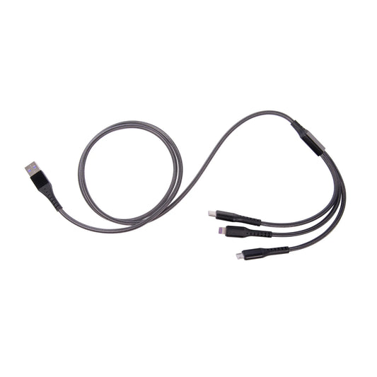 Multi-device charging cable with multiple connectors on a white background