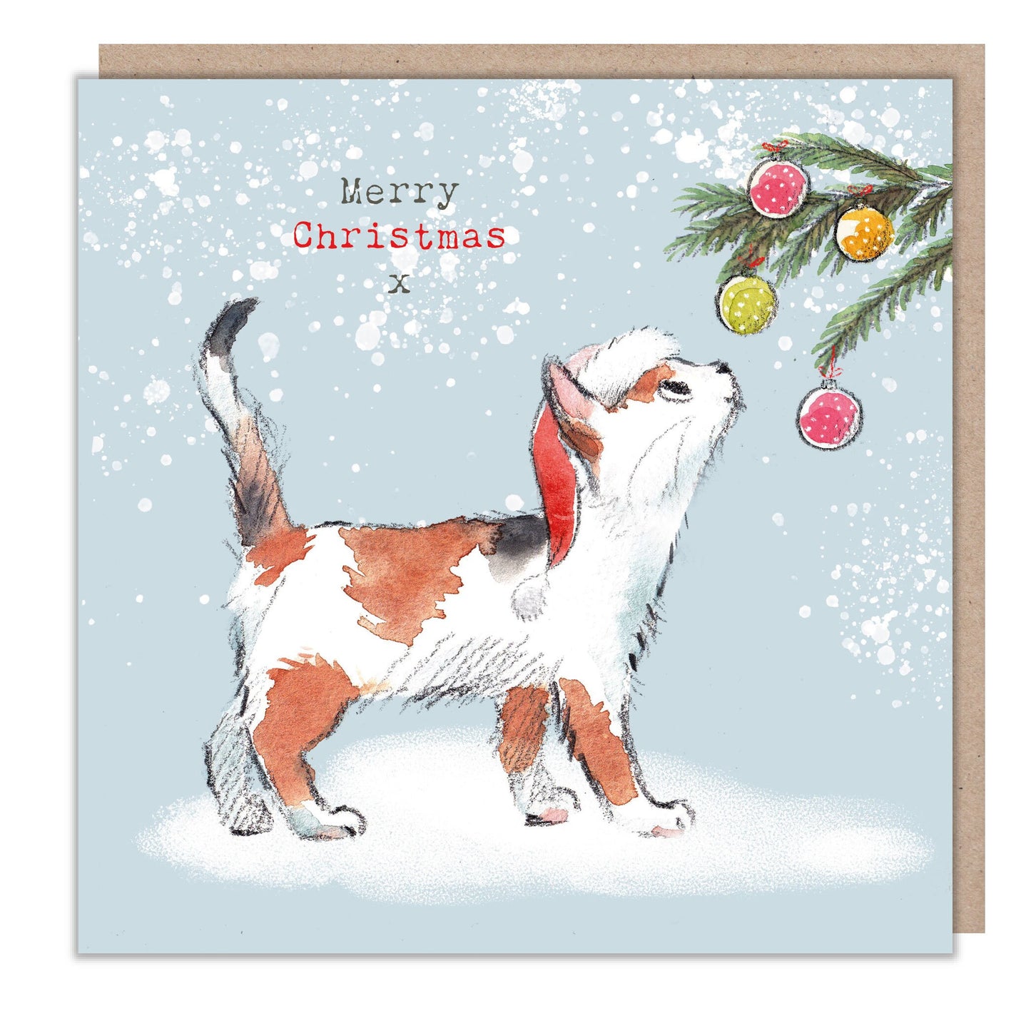 Paper Shed Design Cat Looking at Baubles Christmas greeting card