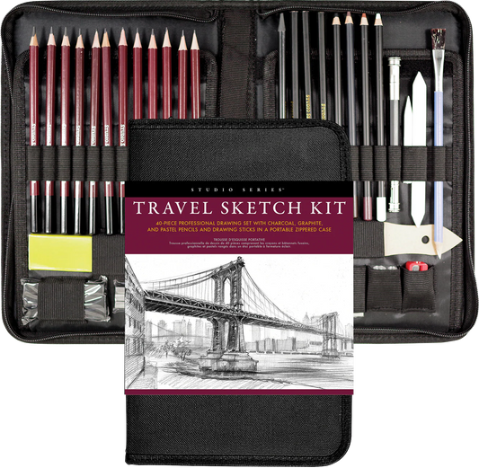 Peter Pauper Press Studio Series 40pc Travel Sketch Kit with art supplies in a black case