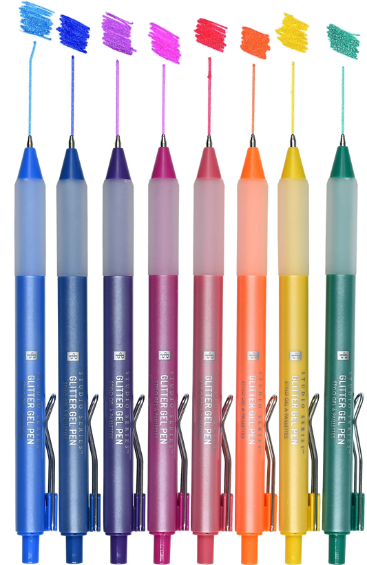 Set of colorful Peter Pauper Press Studio Series Glitter Gel Pens 8pk gel pens with visible ink samples on a white background