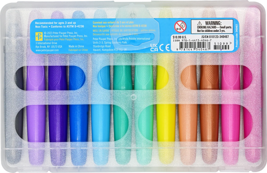 Back of case of Peter Pauper Press Studio Series Junior Shimmer Gel Crayons