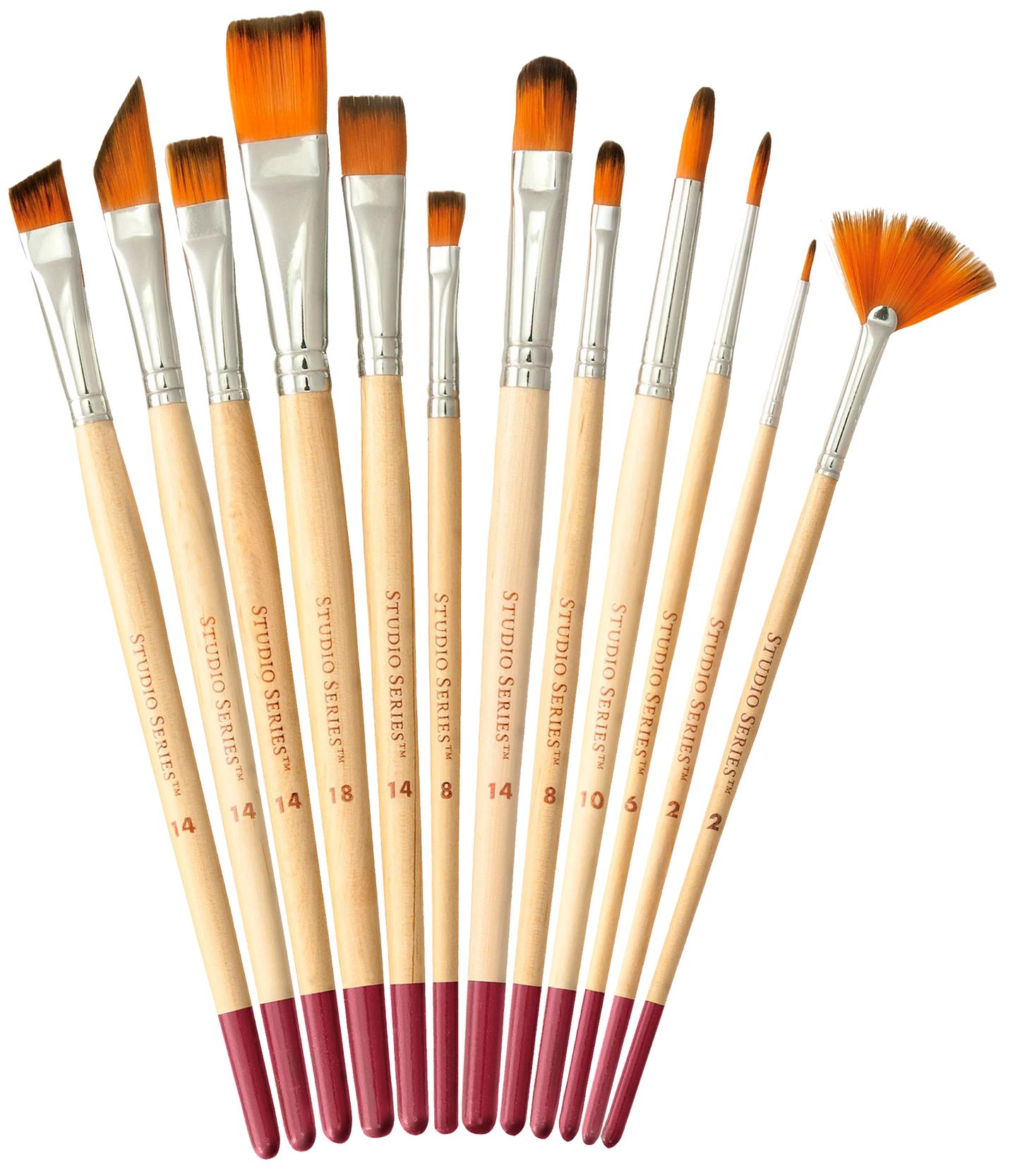 Set of pPeter Pauper Press Studio Series Nylon Artist's Brush Set 12pc paint brushes with wooden handles and red bristle ends on a white background