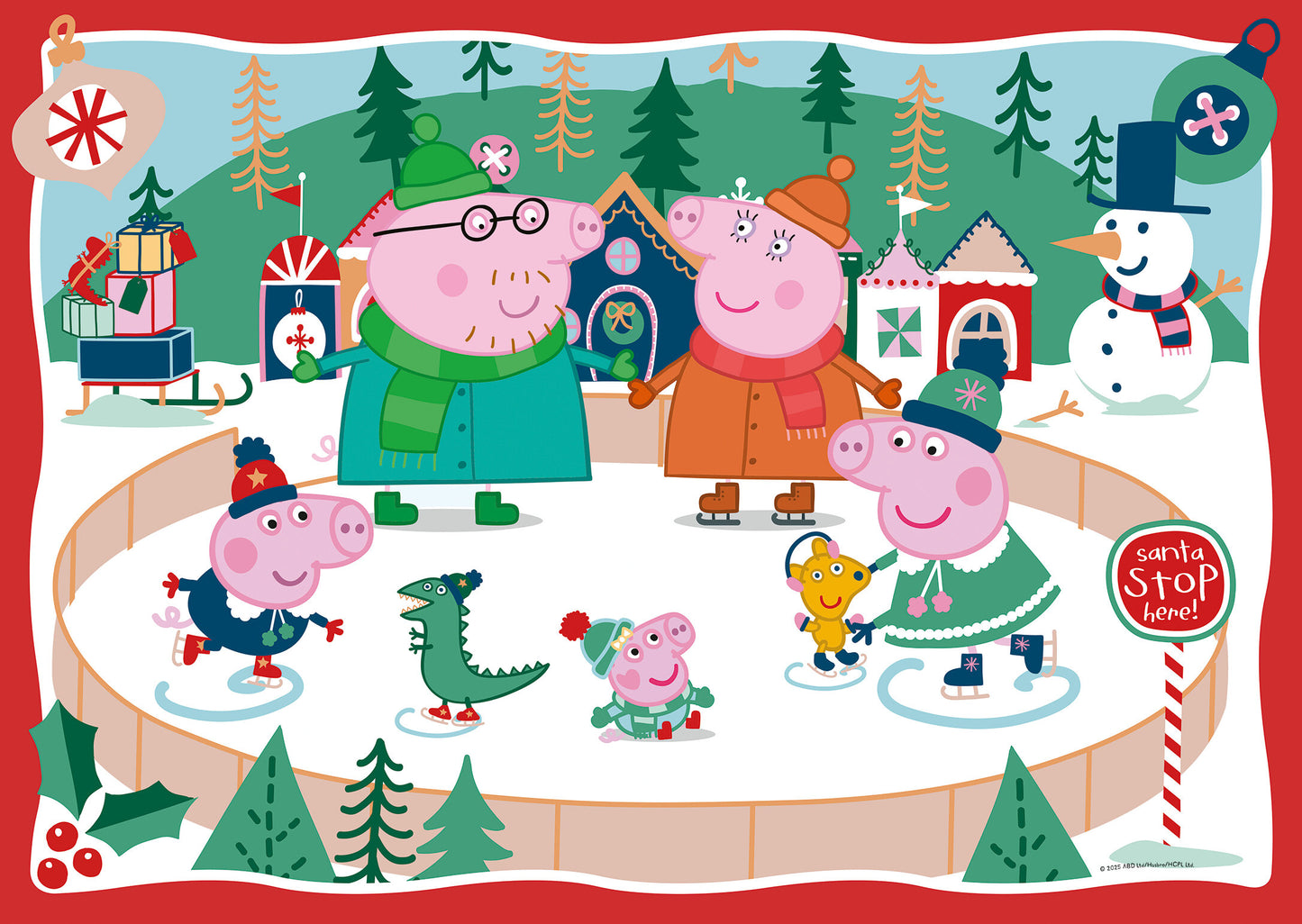 Completed Peppa Pig Snow Much Fun 24pc floor puzzle featuring Peppa Pig characters ice-skating on frozen pond