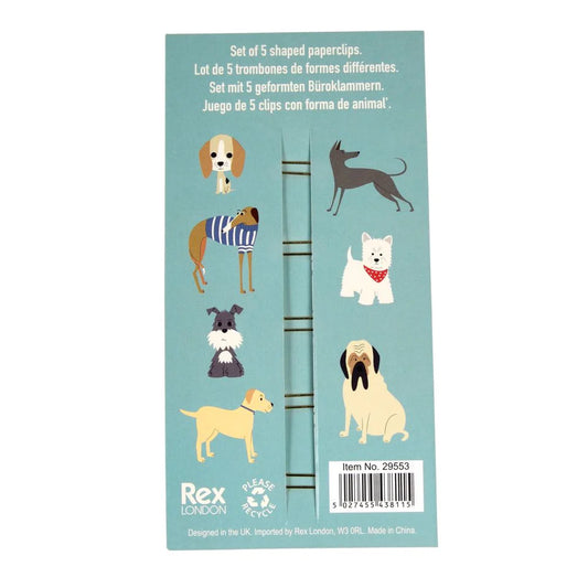 Packaging of Rex London shaped paperclips with dog illustrations on a light blue background