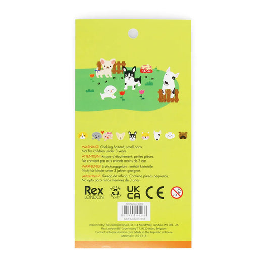 Product packaging with cartoon dogs and a green background
