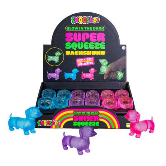 Display of gSmooshos Super Squeeze Glow in the Dark Dachshund low-in-the-dark super squeeze dachshund toys with packaging.