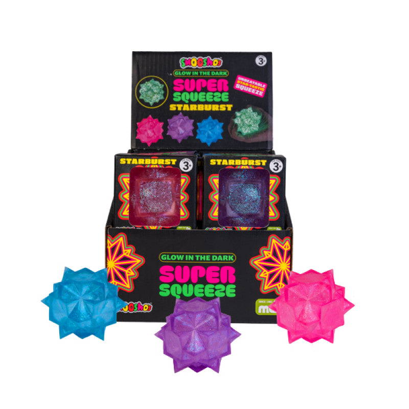 Display of glow-in-the-dark 'Super Squeeze' starburst toys with packaging on a white background.