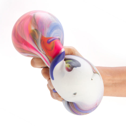 Colorful Smooshos Jumbo Morphing Ball marbled stress ball held by a hand on a white background