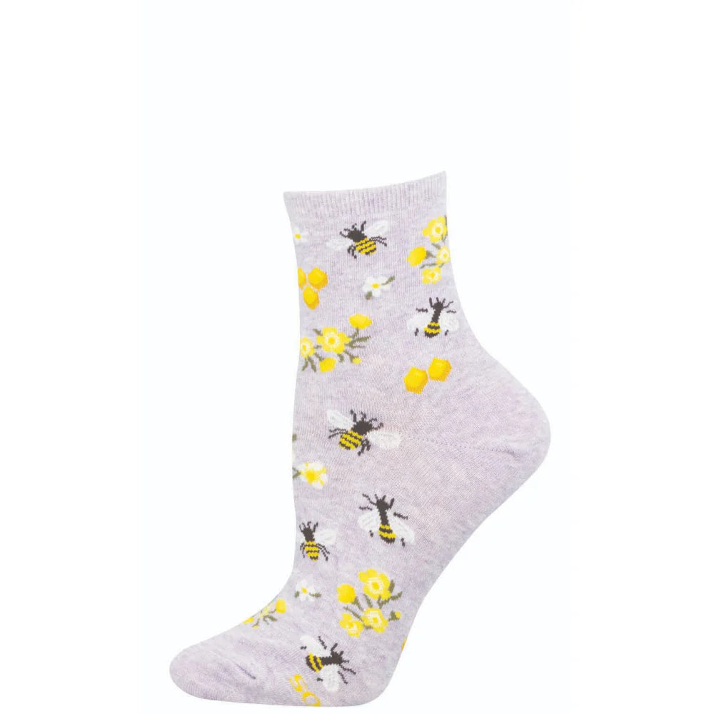 Socksmith Ladies Socks Mini Crew Honey Bee Floral Purple Heather