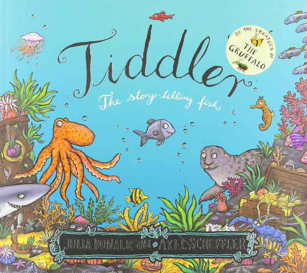 Book cover of 'Tiddler: The Story-Telling Fish' with underwater scene and characters.