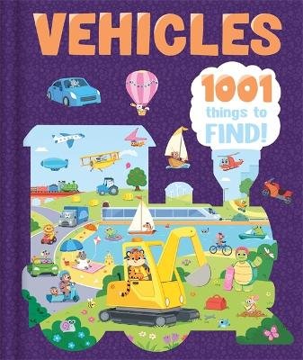 Vehicles: 1001 Things to Find children’s activity book showing colourful car, truck, and train scenes with hidden objects to spot – fun learning for kids aged 4–8.