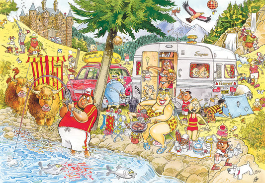 Wasgij? 1000pc Jigsaw Puzzle Retro Mystery #6 Camping Commotion Colorful illustration of a campsite with people, animals, and a caravan by a lake.