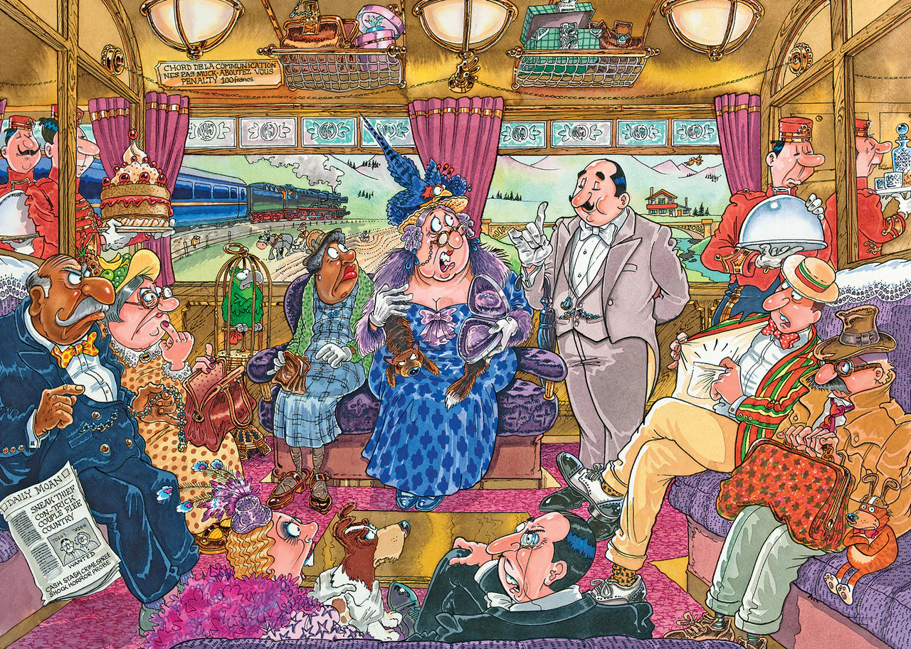 Wasgij? 1000pc Jigsaw Puzzle Retro Mystery #9 Great Train Robbery Colorful illustration of a train interior with various characters and a scenic window view.