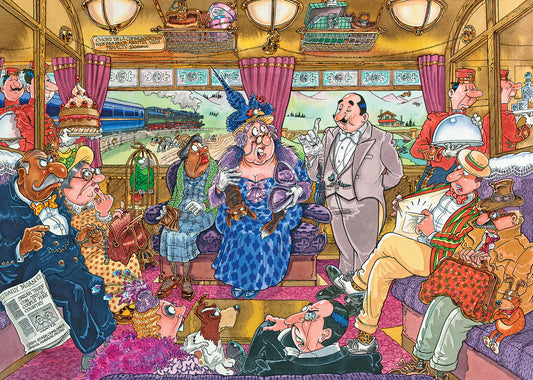 Wasgij? 1000pc Jigsaw Puzzle Retro Mystery #9 Great Train Robbery Colorful illustration of a train interior with various characters and a scenic window view.