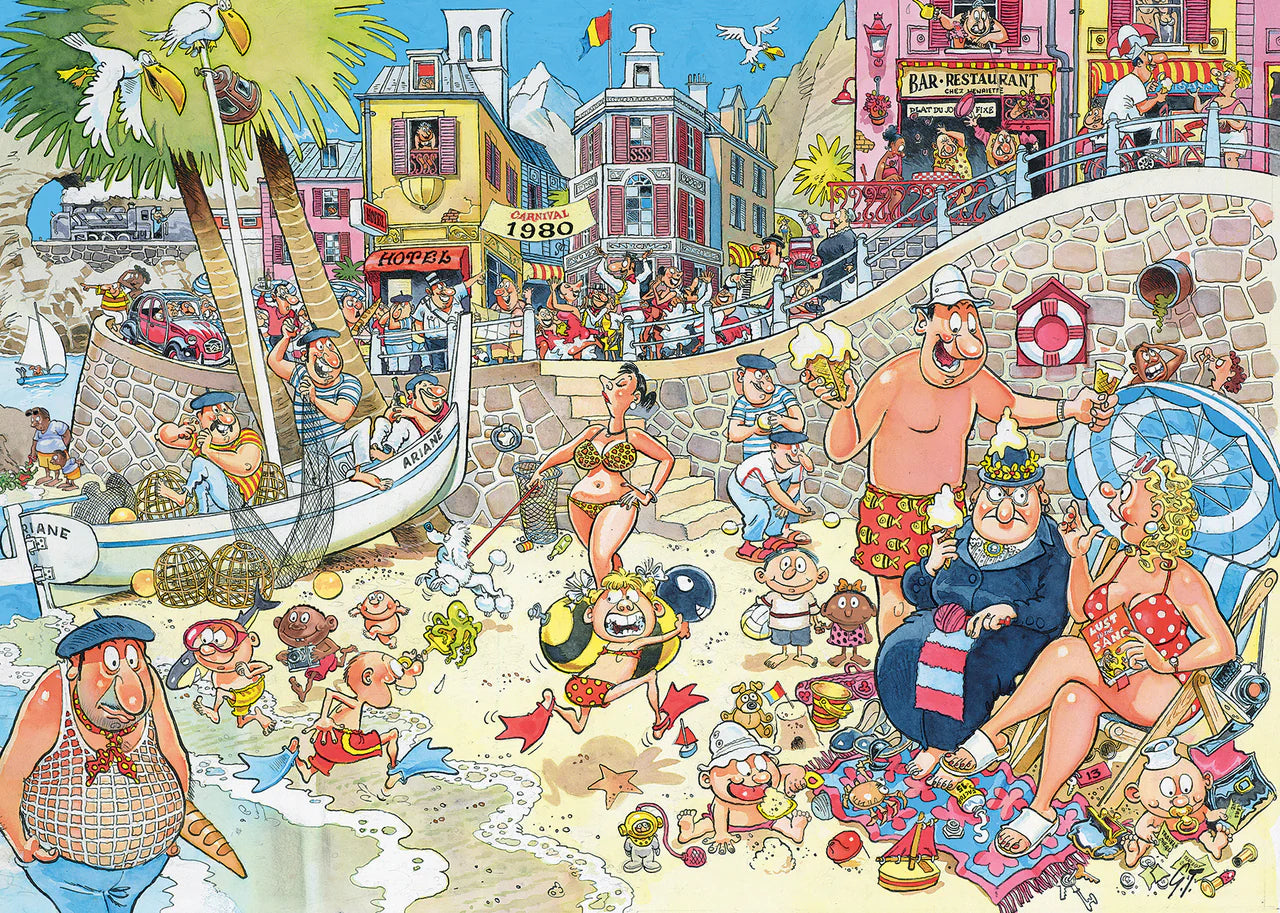 Wasgij? 1000pc Retro Destiny Jigsaw Puzzle #8 High Season poster featuring 1980s beach scene