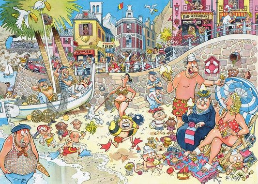 Wasgij? 1000pc Retro Destiny Jigsaw Puzzle #8 High Season poster featuring 1980s beach scene