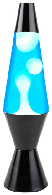 Lava Lamp with Blue Liquid and White Wax on a Black Stand 37cm