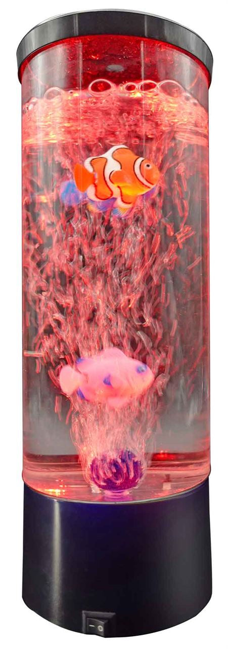 A 29cm Bubble Fish LED Colour Changing Lamp, featuring various tropical fish, with red glow, against a white background.