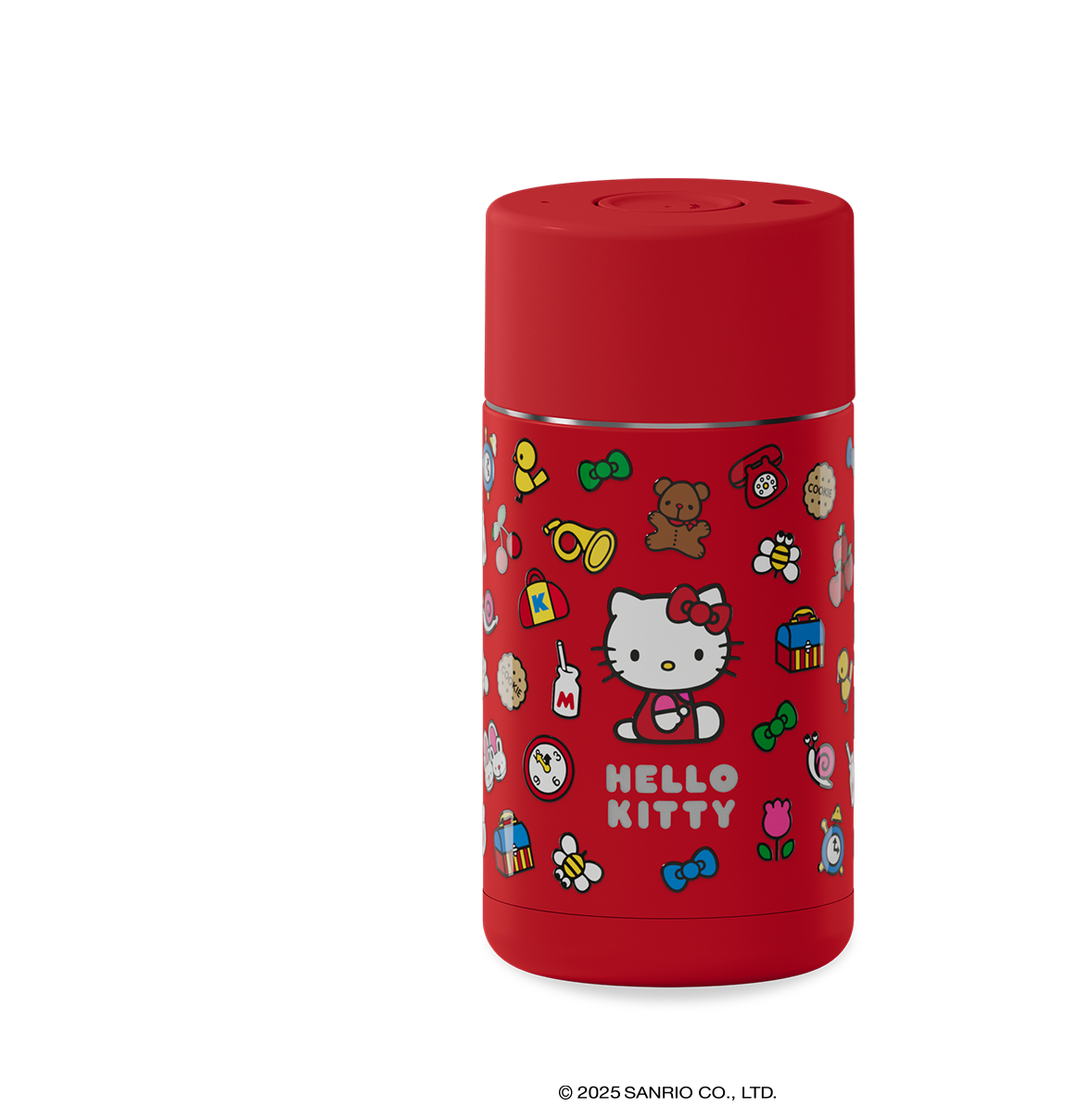 Red Frank Green thermos with Hello Kitty designs on a white background