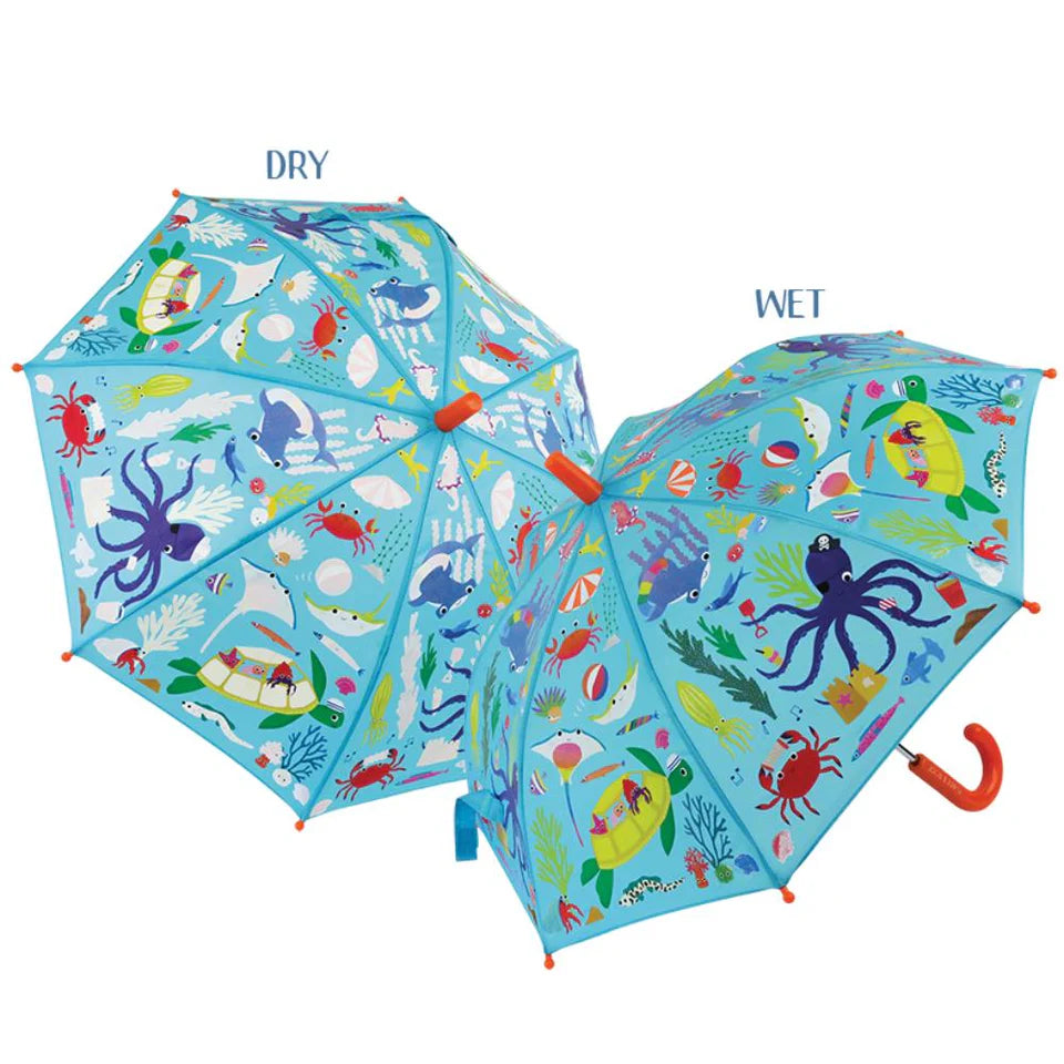 Magical ocean-inspired umbrella with blue background from Floss & Rock – colours change in the rain and return to the original design when dry.