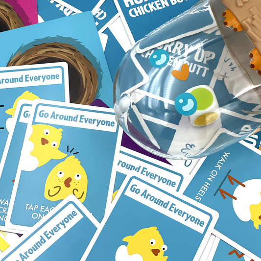 Hurry Up Chicken Butt cards with cartoon chicks and a sand timer on a colorful background